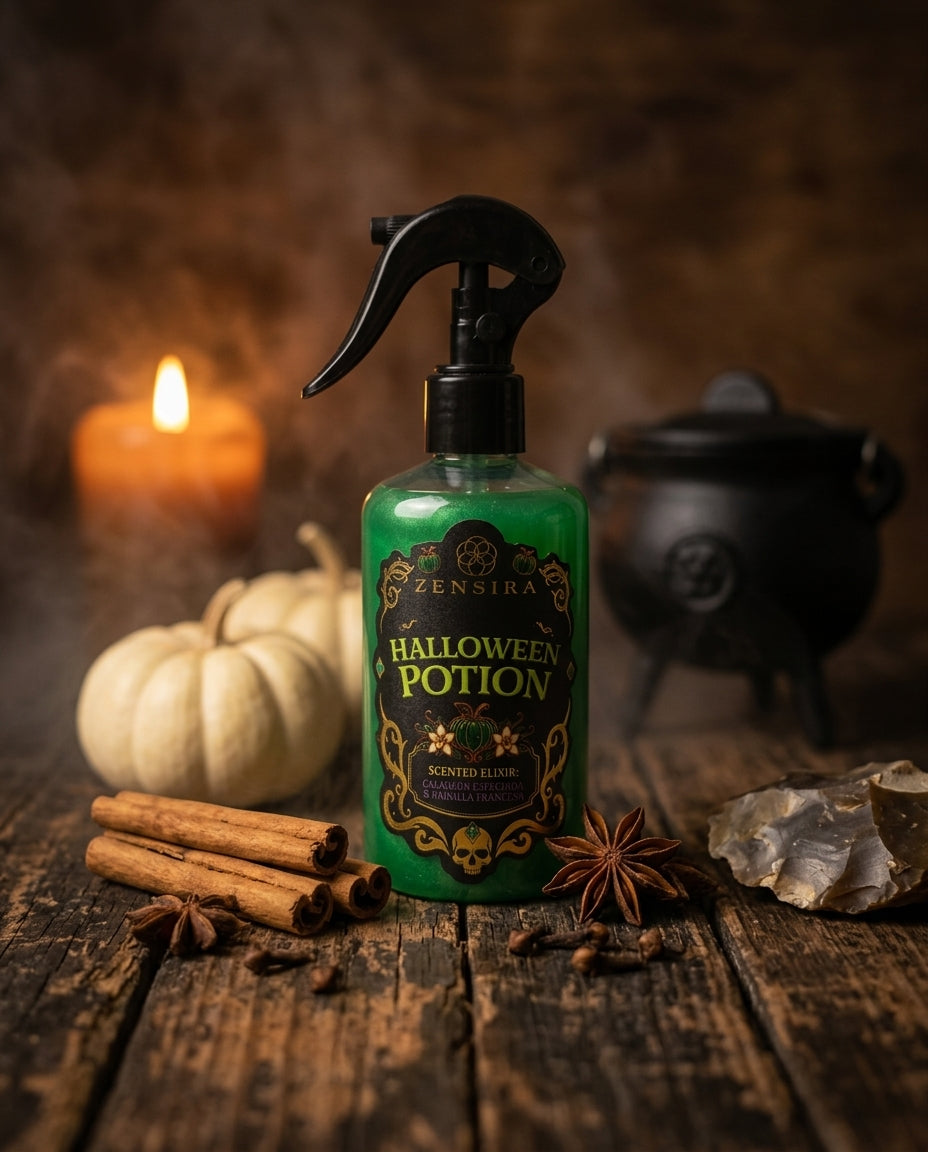 Halloween Potion ambientado con calabazas, canela y caldero